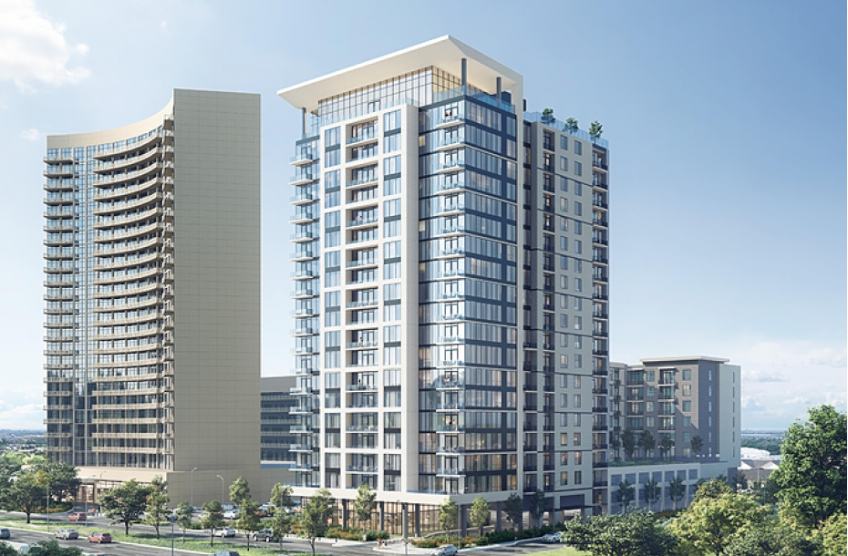 Two modern Hanover Company high-rise buildings with glass facades under a clear sky, surrounded by roads and greenery.