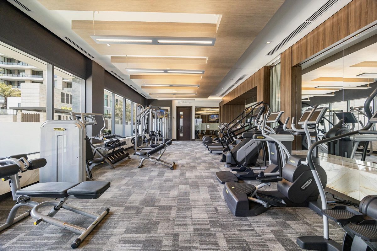 Modern gym with various exercise machines, mirrors, and large windows overlooking a cityscape.