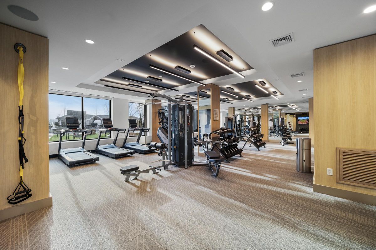 Modern gym with treadmills, exercise machines, free weights, and floor-to-ceiling windows.