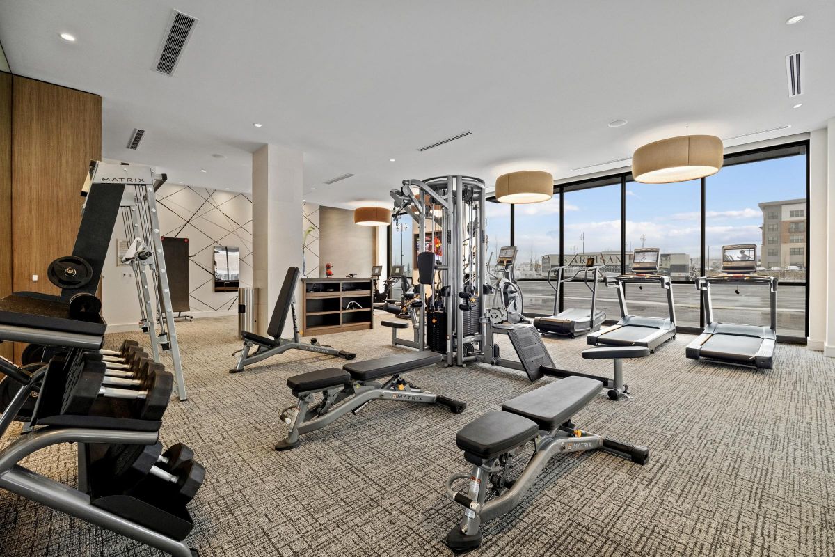 Modern gym with various exercise machines, treadmills, and large windows showing a cityscape view.