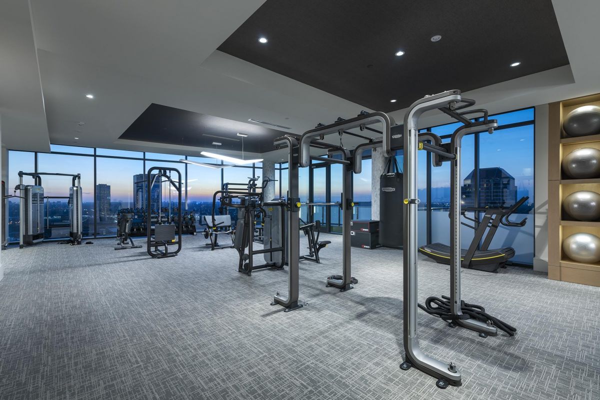 Modern fitness center with exercise machines, treadmills, and stability balls against a backdrop of city skyline at dusk.