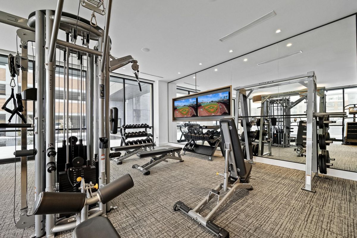 Modern gym with weight machines, benches, free weights, large mirrors, and a wall-mounted TV.