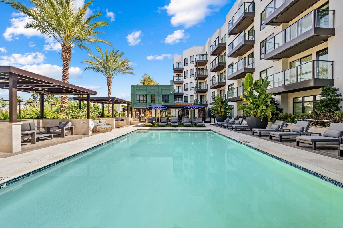 Swimming pool with lounge chairs, palm trees, and a modern apartment building under a blue sky.
