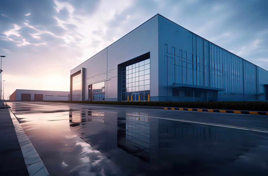 Modern industrial warehouse with glass facade at sunset, reflected on a wet, empty parking lot.